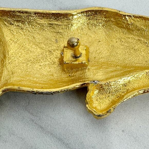 Vintage Tiger Belt Buckle Gold Tone Black Enamel Figural Green Eye Prowling ✨ main image 4